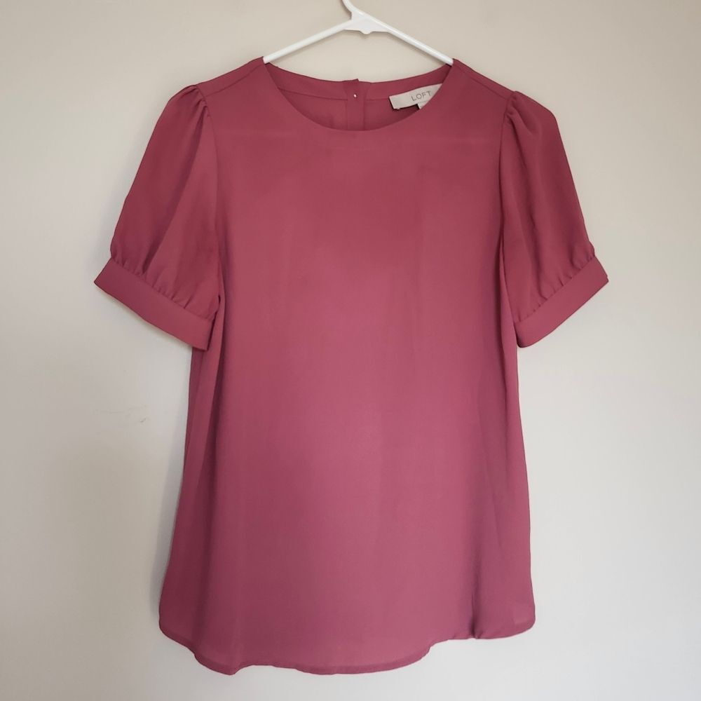 LOFT Pink Mauve Puff Sleeve Button Back Short Sleeve Blouse XSP